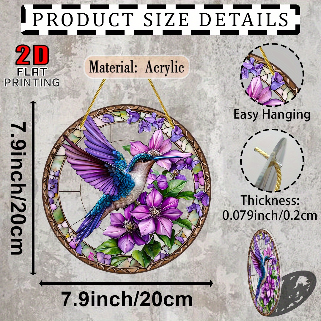 TEMU 2d Flat - Suitable For , 2d Flat Vibrant Purple Hummingbird Floral Sun Catcher - 2d Flat Acrylic Round Window Hanging Decor, Golden Accents