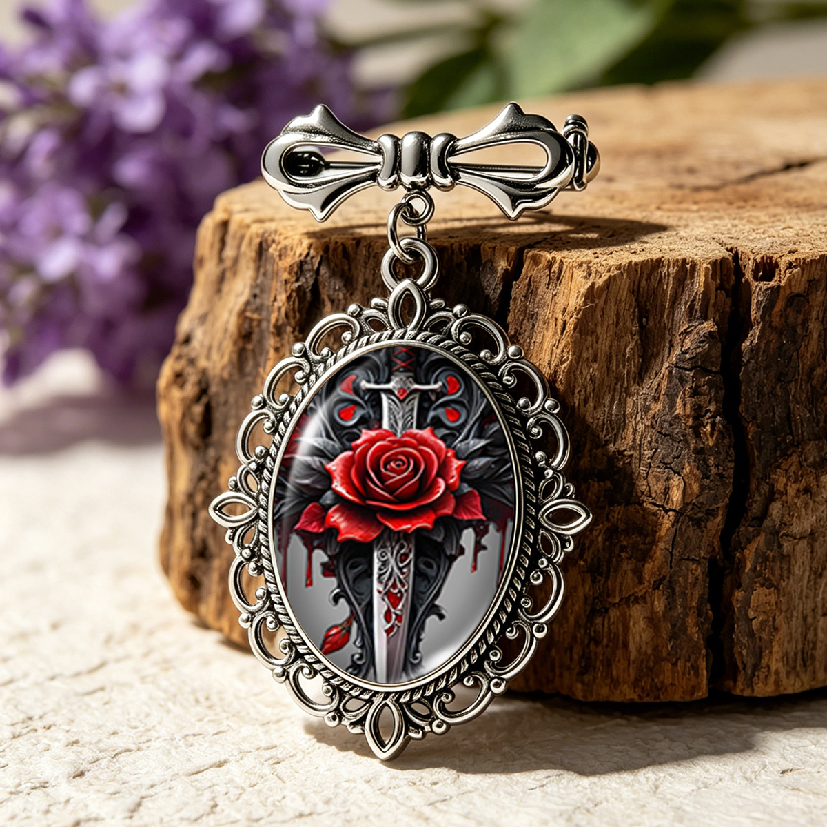 TEMU 1pc Gothic Sword And Red Rose Oval Glass Cabochon Bow Brooch Handmade Clothing Backpack Brooch Pins Jewelry Gift