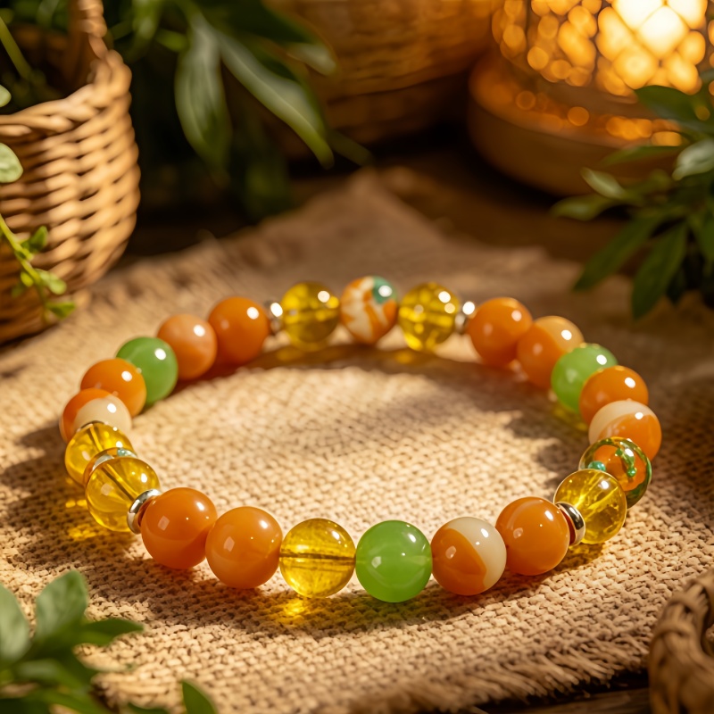 Unisex Vibrant Bead Bracelet, Warm Orange & Green Agate