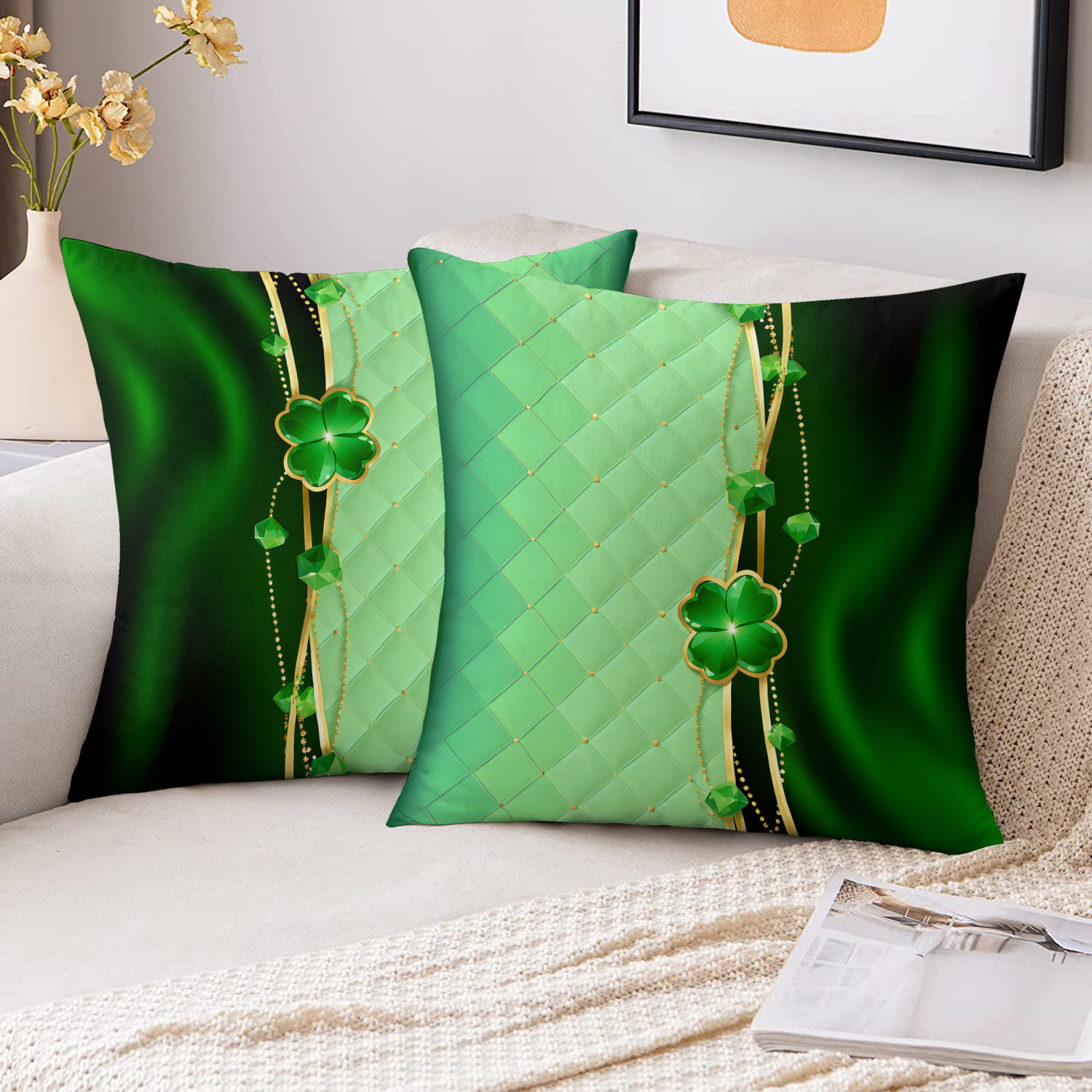 TEMU 2pcs 's Day Throw Pillow Covers, 18x18 Inch, Soft Plush With 3d Green & Diamond Design, Dual-sided Clover Print, Zip Closure - Living Room &