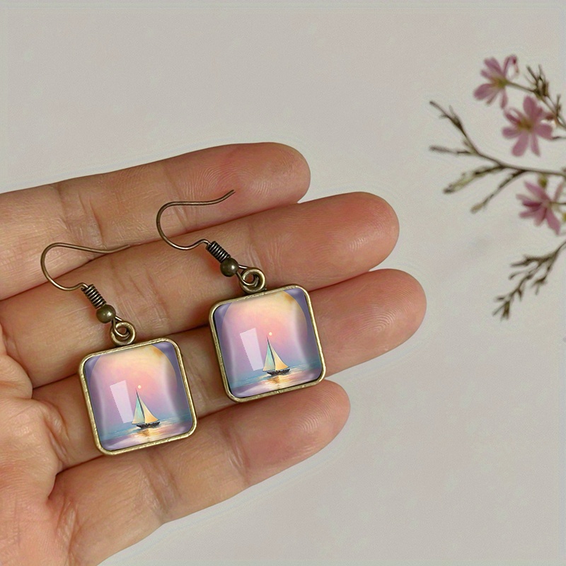 Vintage Square Earrings with Sunrise Sailboat Design