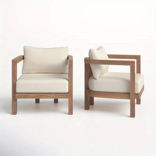 2pcs outdoor club chair set with thick waterproof cushion heavy duty 400lbs capacity deep seating patio furniture for garden porch balcony acacia frame in brown wash and beige cushion