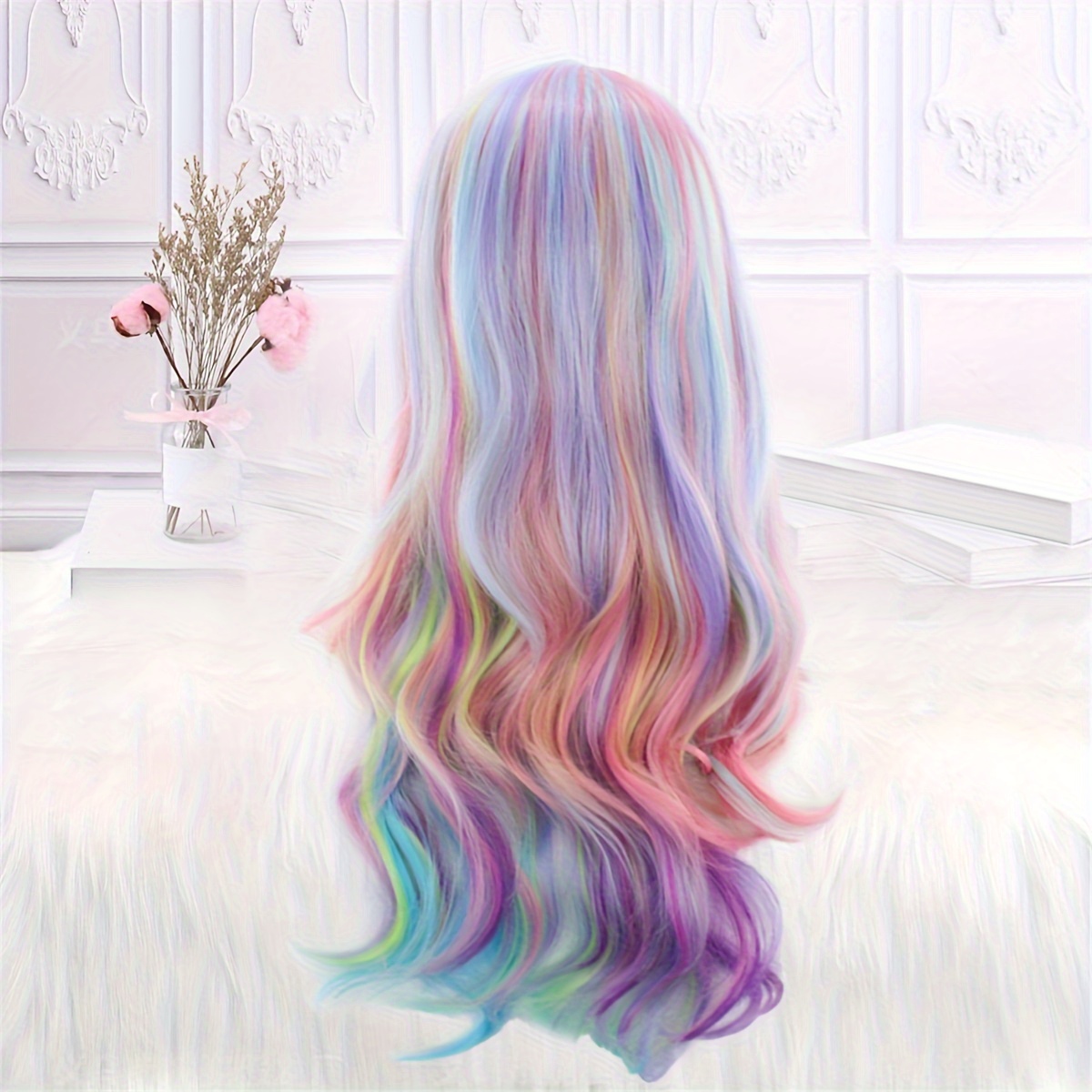 Rainbow Colored Long Curly Wig Women A Middle Part Featuring