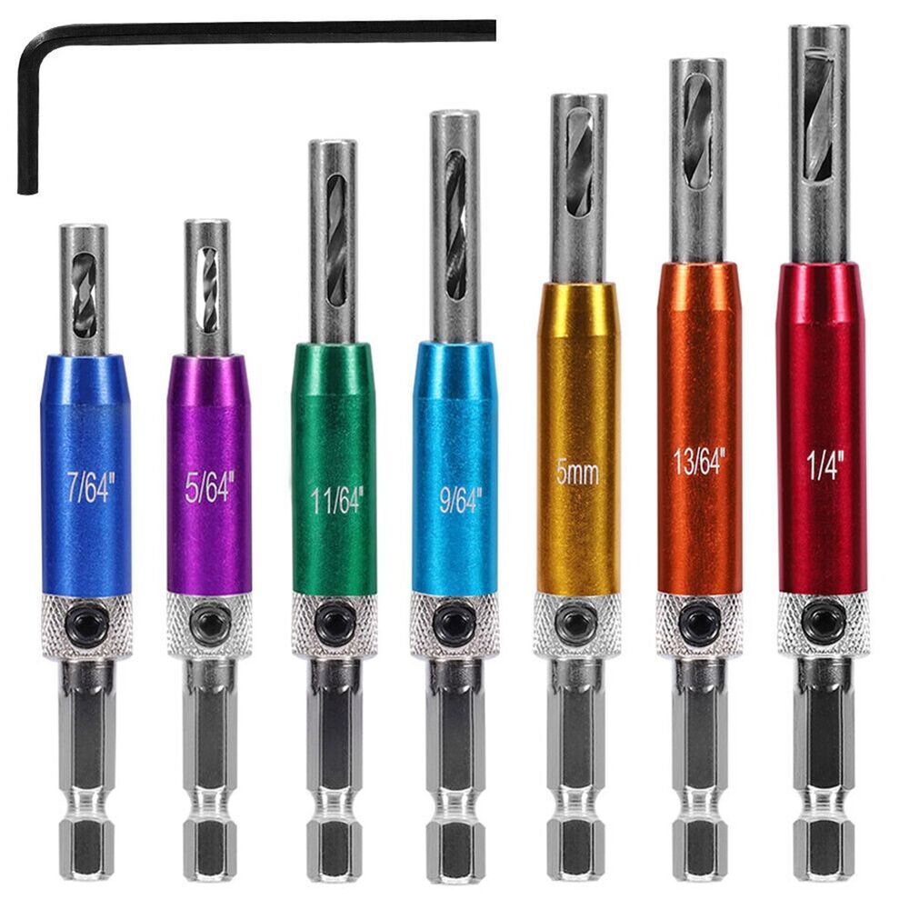 7x Hex Self Centering Hinge Hardware Drill Bit Pilot Hole Guides Door Drawer Set