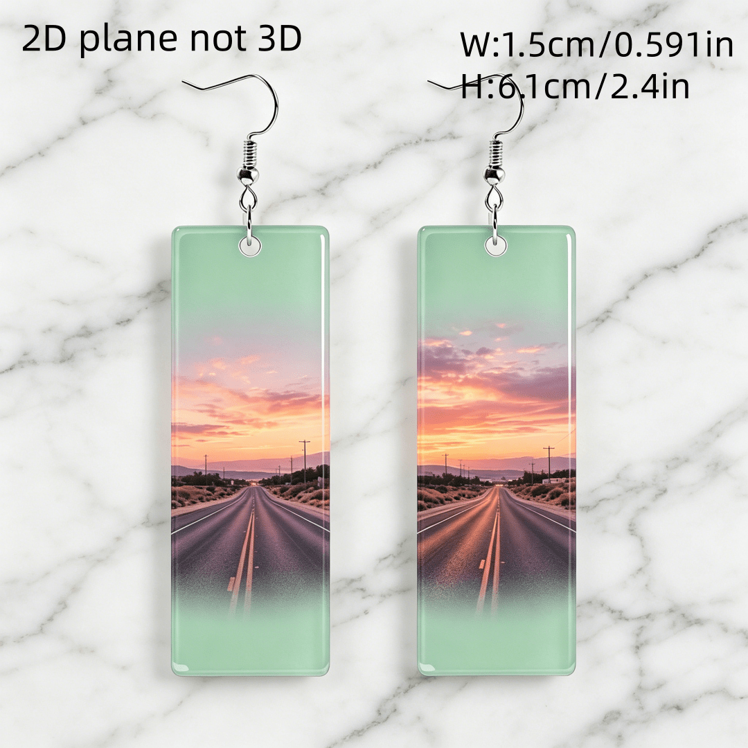 Vintage Desert Highway Sunset Rectangular Dangle Earrings