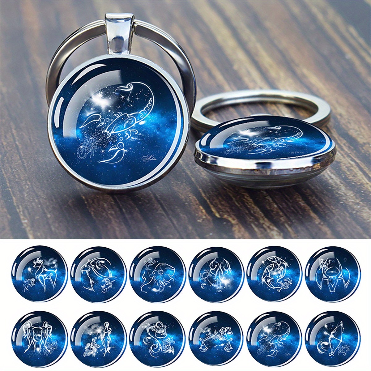 poza articolului breloc cu cupolă din sticlă față-  cu cele 12 constelații, un cadou perfect de ziua de naștere pentru bărbați