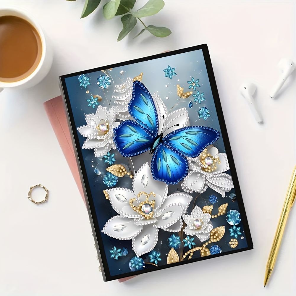 TEMU 1pc Flower Pattern Notebook Set- 5d Crystal Pendant Marble Collage Diary, Pvc Faux Leather Cover, Irregular Shaped Diamonds, Craft And Study