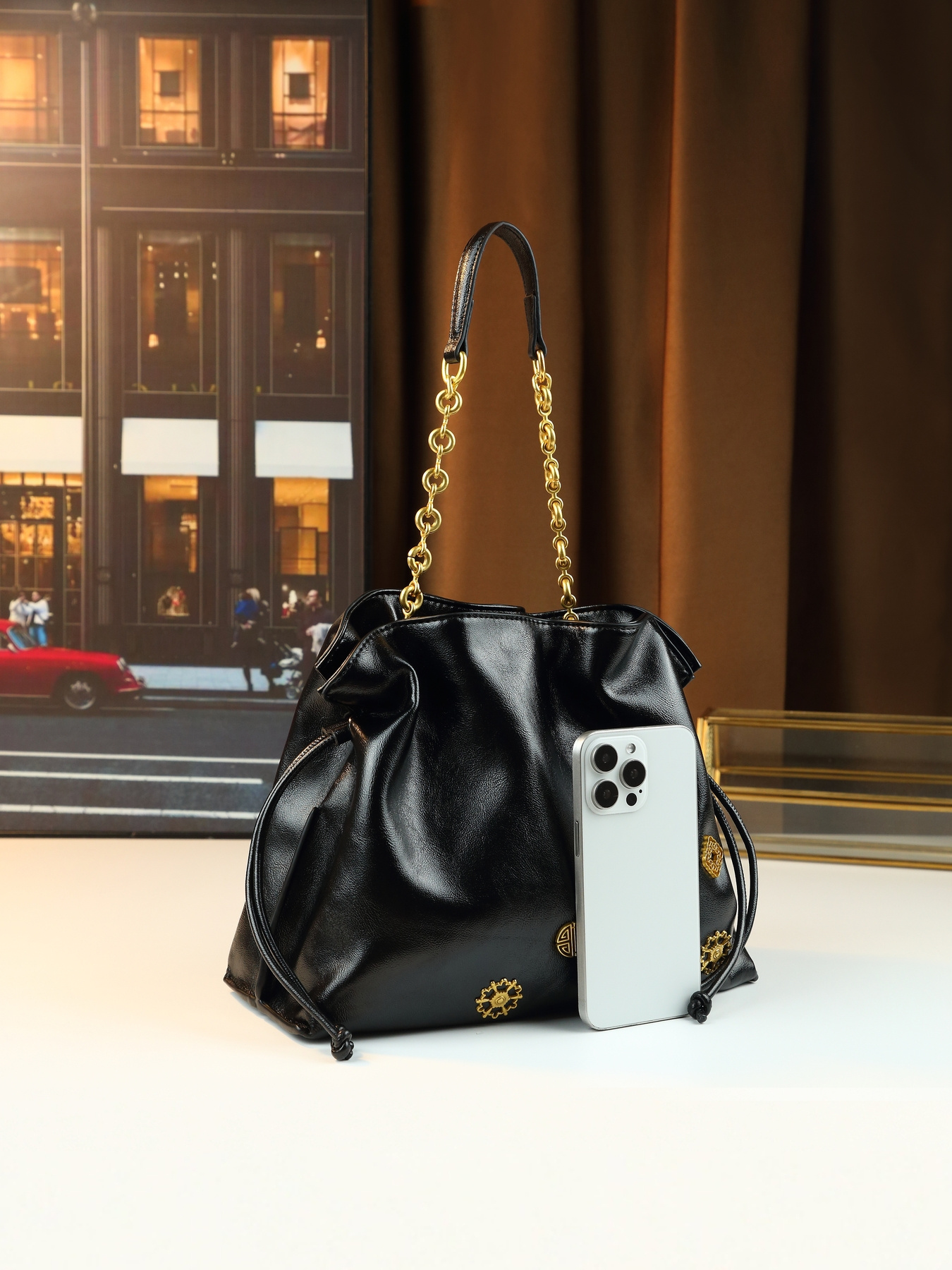 Black Drawstring Handbag on model casual outfit
