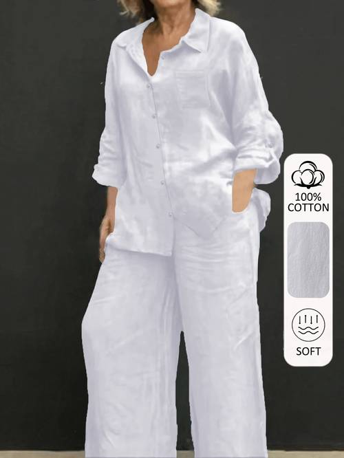solid color casual two piece outfit loose long sleeve shirt wide leg pants set soft comfortable fashion suit for daily vacation dating office wear