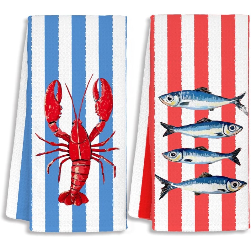 TEMU 2pcs 18*26 Inch Coastal Beach Sardine Kitchen Towel, Marine Nautical Blue And Red Striped Decorative Hand Towel Bathroom, Coastal Beach Bathroom