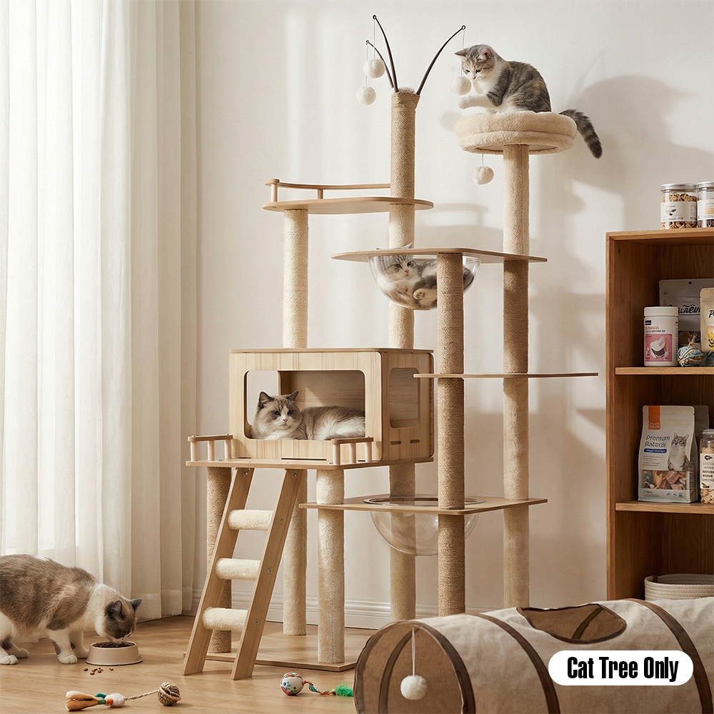 TEMU Large Wood Cat Tree, 172 Cm Cat Tower With Sisal-wrapped Scratching Posts, Activity Balls And 2 Detachable Bowls | Multi-level Platforms Cats