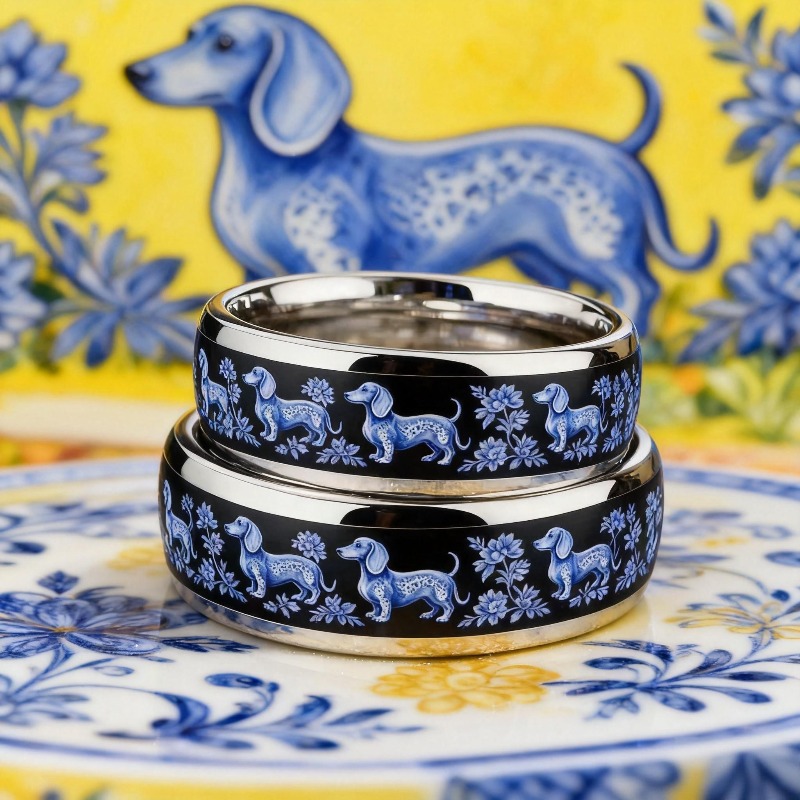 Blue Porcelain Dachshund Pattern Stainless Steel Ring, Floral Design