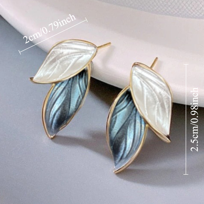 Vintage Enamel White and Blue Leaf Stud Earrings, Bohemian Style