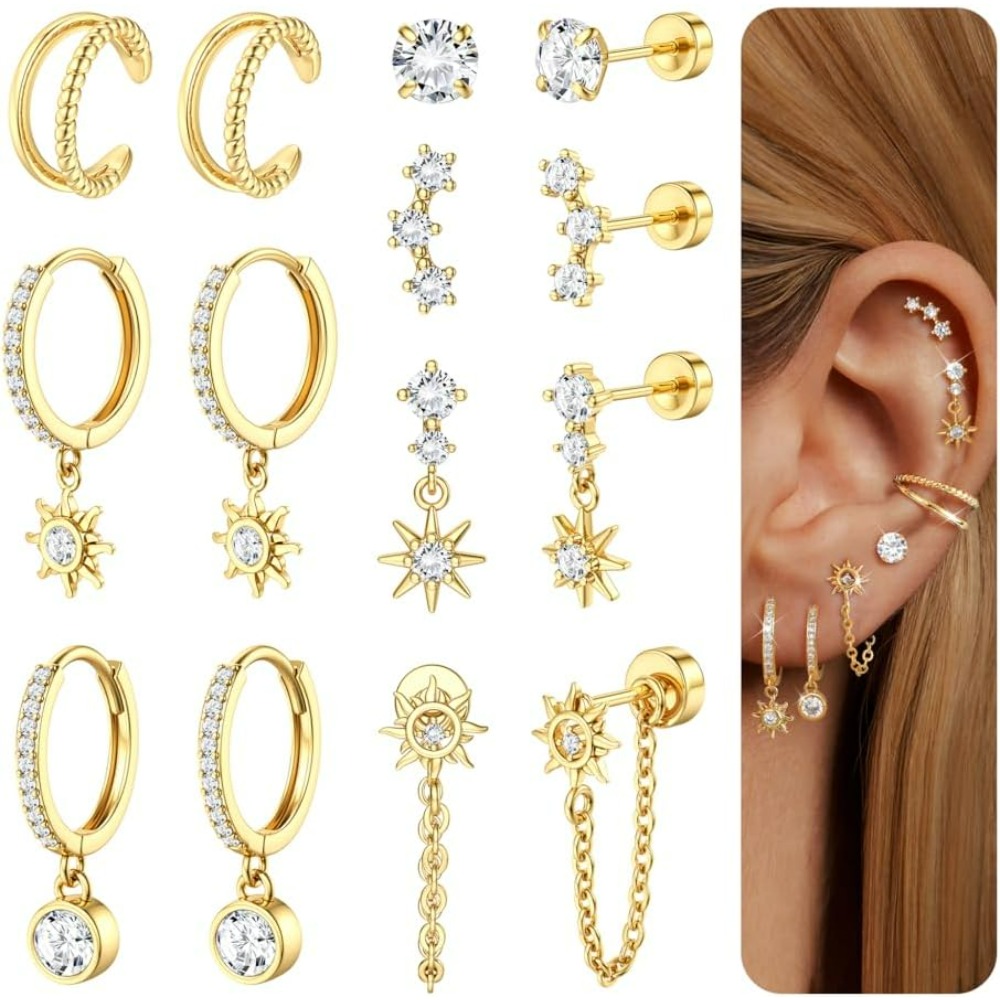 2d Flat - 7 Pairs Flat Back Cartilage Earrings For Women Trendy Dainty Flatback Studs Earring Sets Hypoallergenic Huggie Hoops Earring For Multiple Piercings