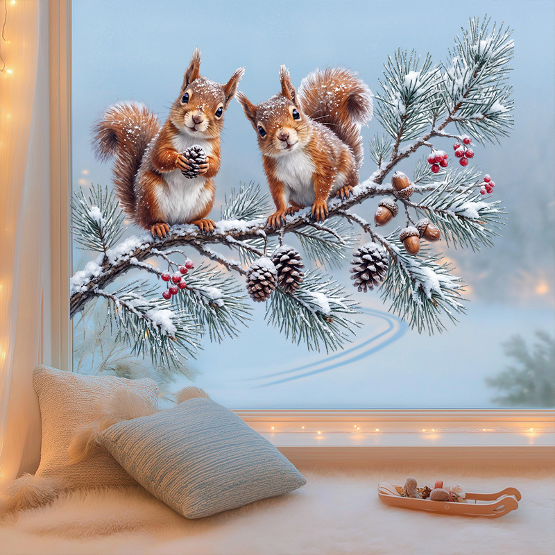 TEMU Winter Raamstickers, 2 Eekhoorns op Pijnboomtak in Sneeuw, Eenvoudige Installatie Dubbelzijdige Zichtbare Statische Raamsticker, voor Woonkamer