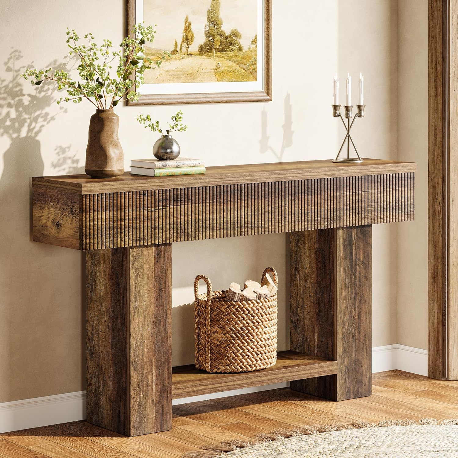 55-inch Entryway Table With Storage, Farmhouse Console Table For Hallway, 2-tier Sofa Table For Behind Couch, Rustic Wood Console Table For Living Room & Foyer