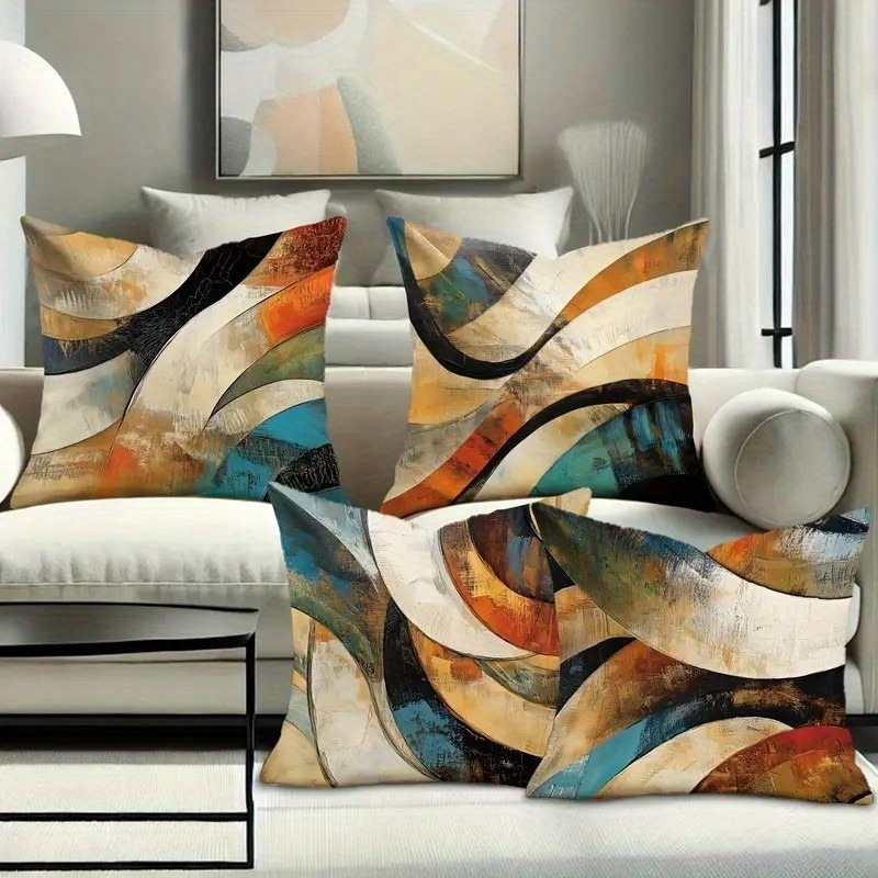 TEMU 4pcs Vintage Geometric Pattern Pillow Covers - Machine Washable Polyester, Zip Closure, Assorted Colors & Room, Bedroom, Or Office Decor,