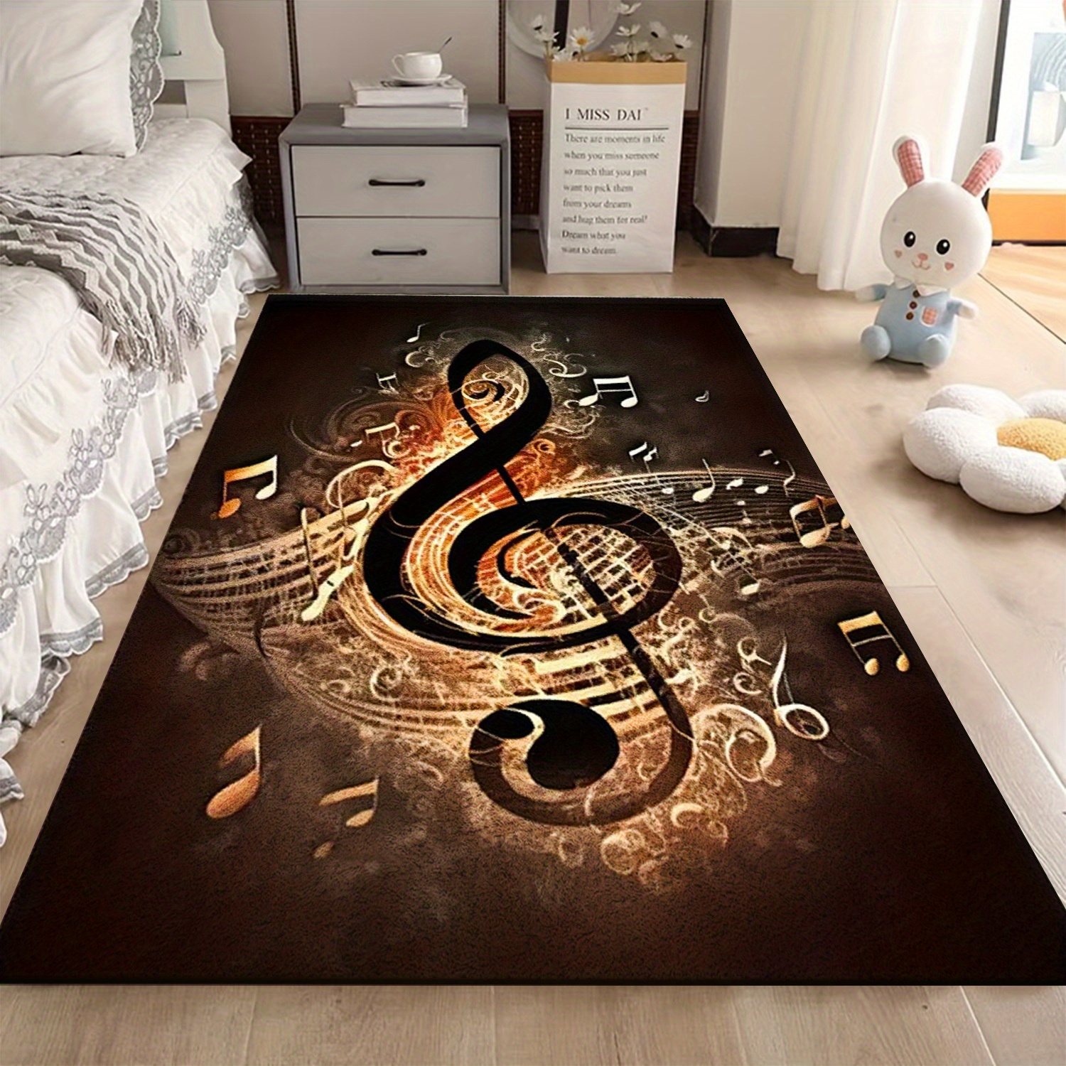 TEMU 1pc Velvet Large Size Living Room Bedroom Carpet, Gorgeous Treble Clef And Music Note Pattern, Easy To Clean, Washable, Non-slip Soft And