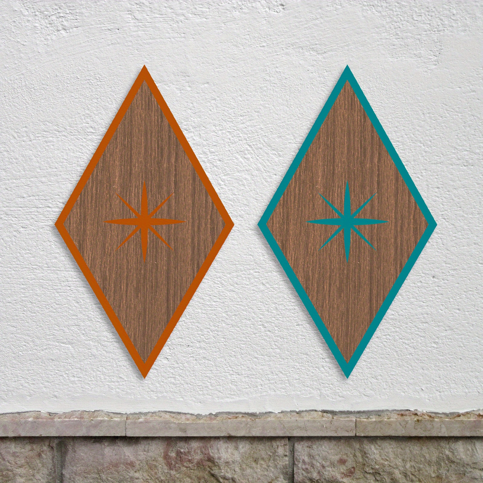 

2pcs Mid-century Modern Diamond Wall Decor Set In Teal & Orange - Wooden Art With , Ideal For Living Room, Indoor Use - Perfect Gift For Easter, Valentine's, Thanksgiving, & Father's Day