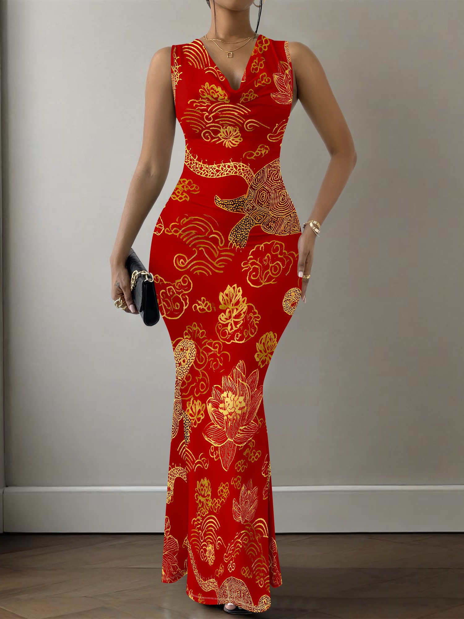 chinese dress ladies Long Wrap Dress With Frill, Dragon Mother