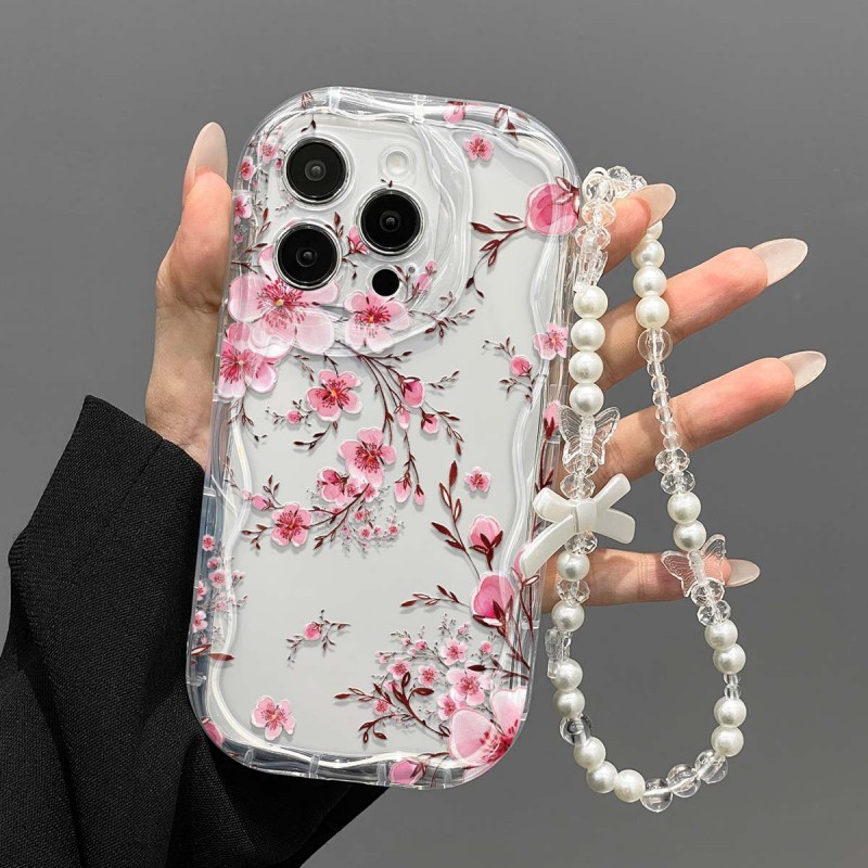 Image of Phone Case - Pink Cherry Phone Case, Clear Wavy Bumper Protective Cover For Iphone 11-17 Series, Mini, Plus, Pro And Pro Max, , Comfortable Grip, Floral Gift For Family, And Partner, Phone Case