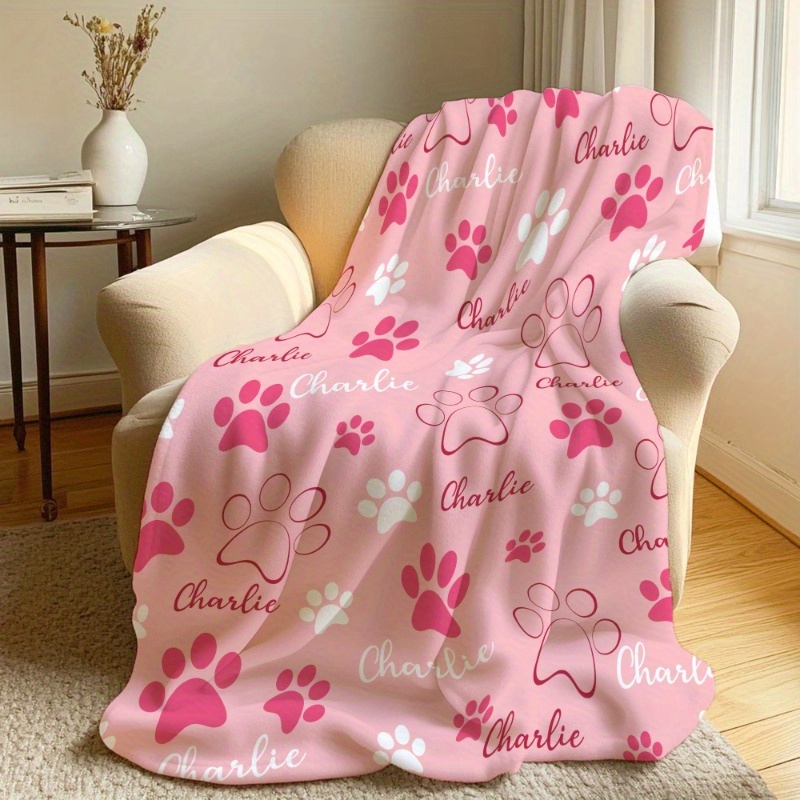 TEMU Customized Personalized Dog Blanket With A Name, Soft Pink Fleece Throw, Featuring Paw Print Design, Perfect For The Living Room Sofa, Bed, Or