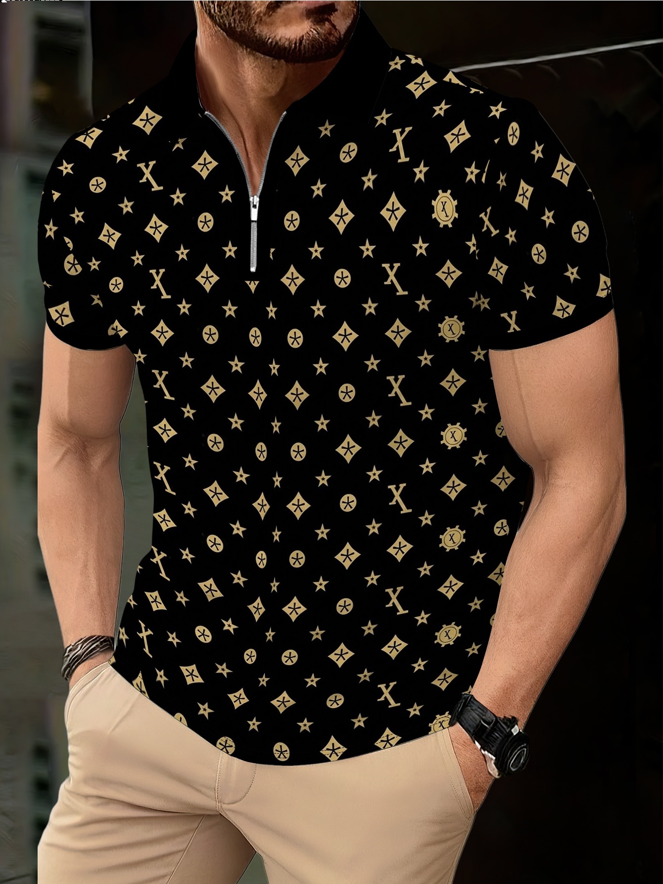 *'s Fashion Zipper * Shirt, Fashionable New Summer Design, Unique Printed  Collar, Short Sleeved T-Shirt Suitable for Business And Casual Wear,  Breathable Top, Suitable for Daily Commuting And Leisure ...