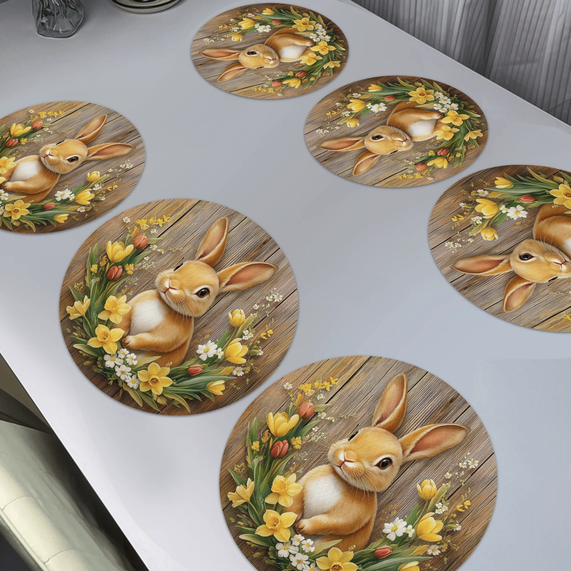 

Spring Rabbit & Yellow Floral Wreath Set, 6pcs, Machine Washable, Polyester Mat. Suitable For Dinner Party, Home Decoration, Holiday , Anti-slip, Easy To Clean, Hd-print. 15x15in