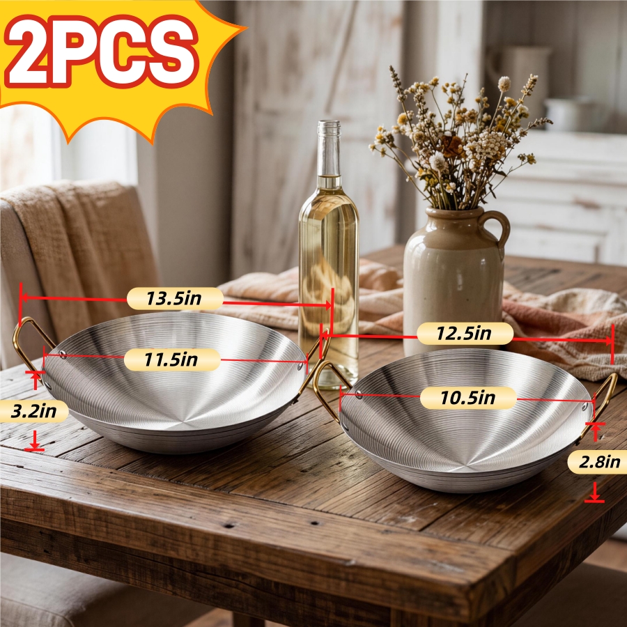 TEMU 2-pack Stainless Steel Wok With Dual Handles - 10.5' & 11.5', Pans For Stovetop And Table Serving, Heavy Duty For Home Kitchen, Restaurant,