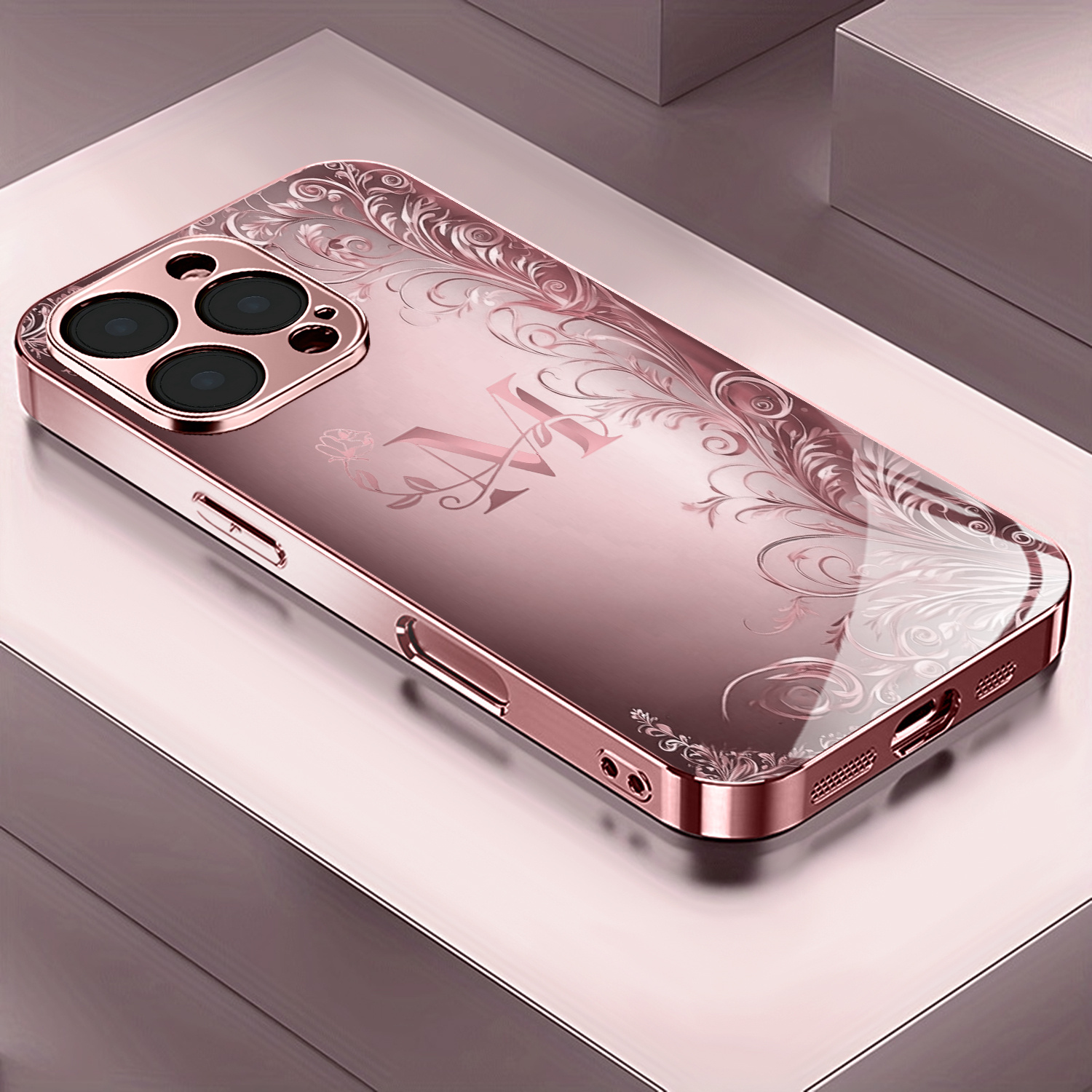 TEMU Phone Case: Flower Letter M Pattern Rose Golden/pink Electroplated Phone Case Compatible With Iphone 17/17 Pro/17 Air/17 Pro Max/16/16 Pro/16
