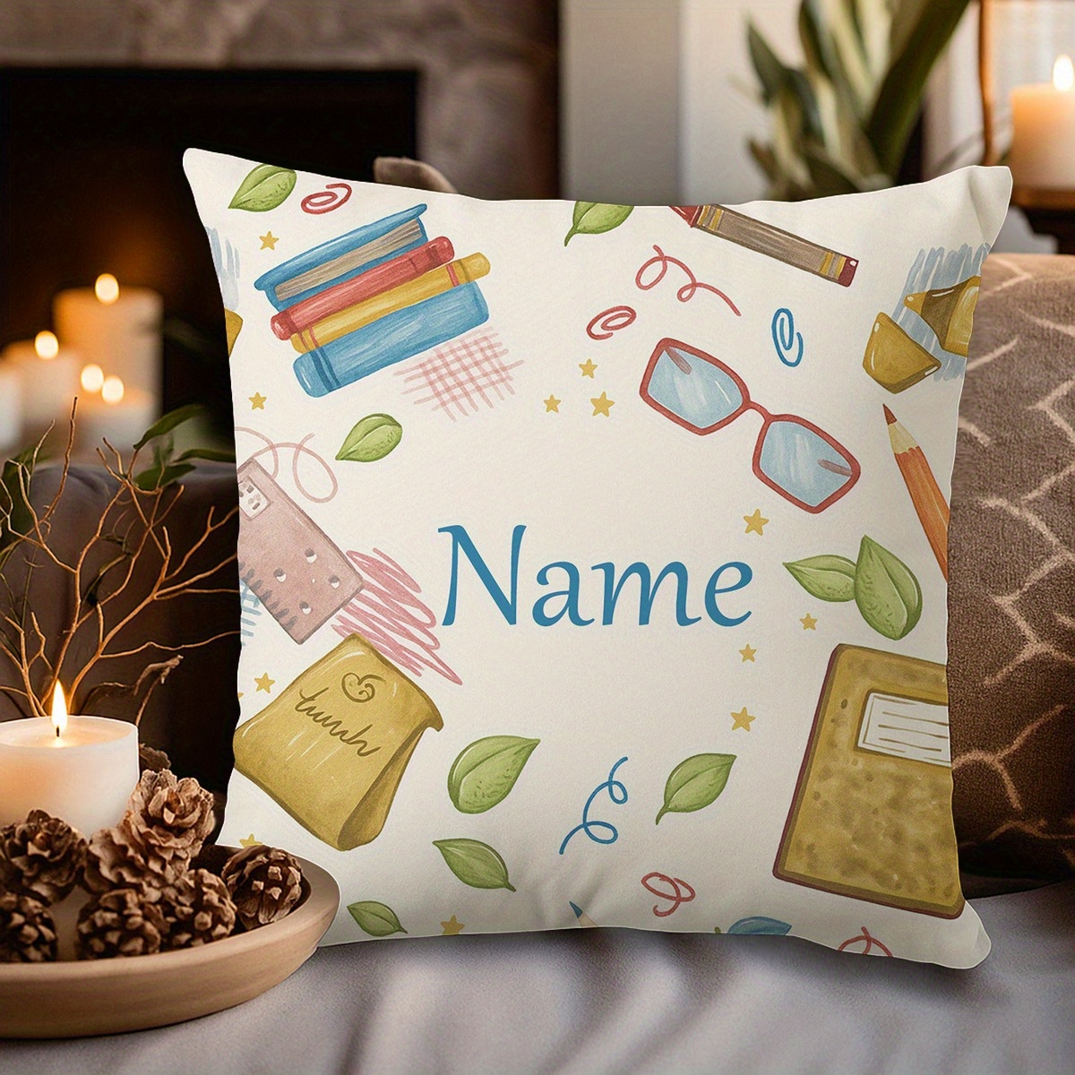 TEMU 1pc Personalized School Pillow - Custom Name/text/logo - Classroom Decor Cushion With Books, Glasses, Stars - Back-to-school, Birthday,