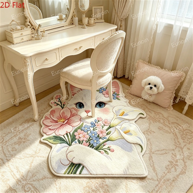 TEMU Imitation Cashmere 900g 9mm 1pc 2d Painting Rug, Bouquet-holding Cat Irregular Shaped Non-slip Doormat, Korean Ins-style Bedroom Decor Bedside