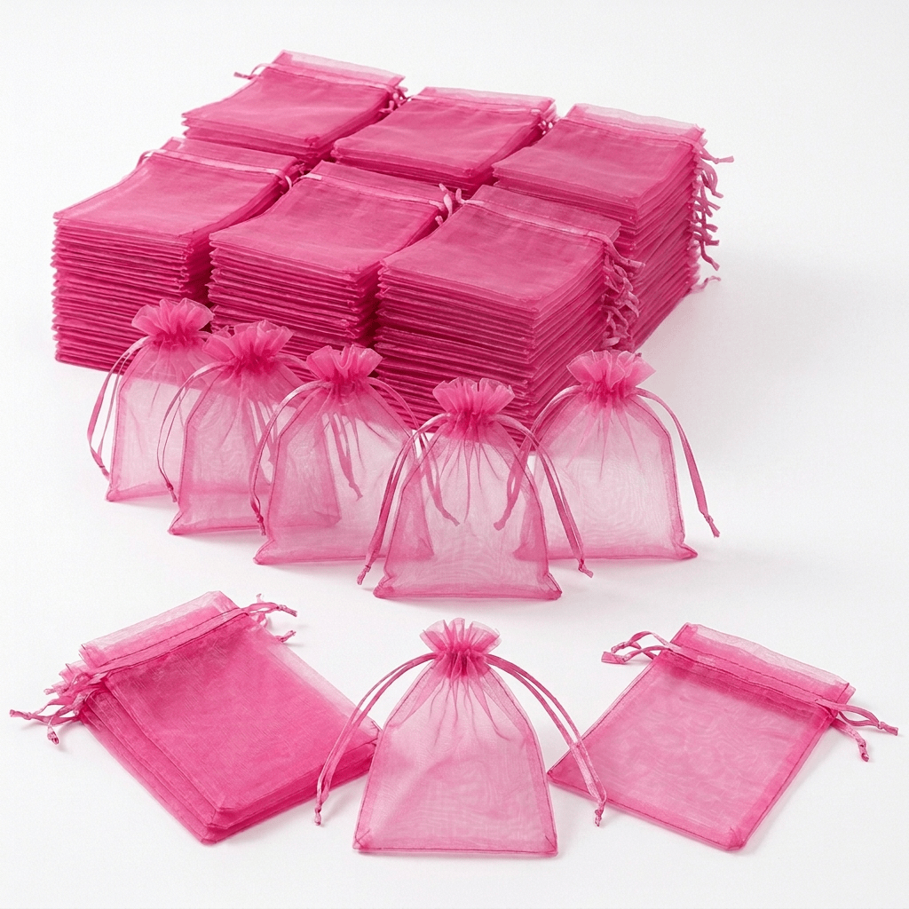TEMU 99 bolsas de organza rosa para regalos, bolsas con cordón, bolsas de malla transparente para joyería con cordón de cinta para recuerdos de ,
