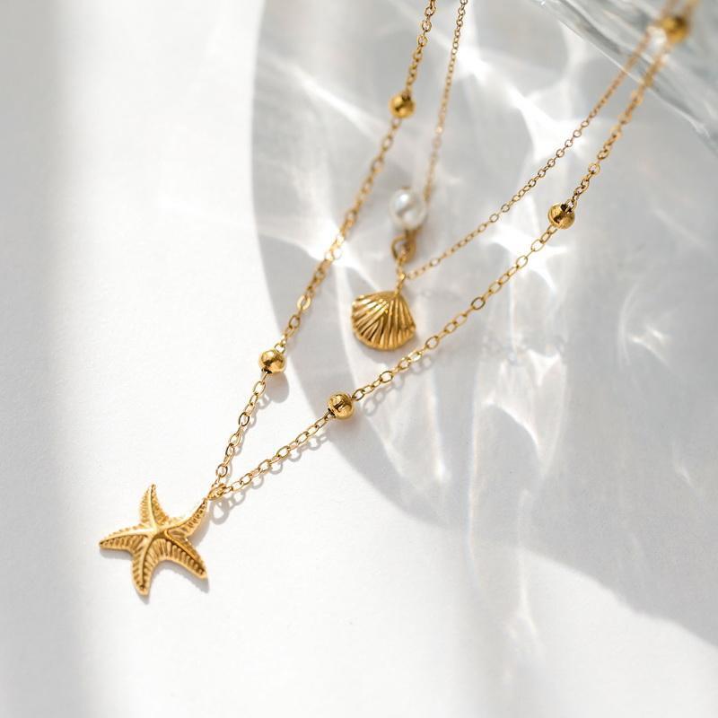 Double Layer Beach Necklace with Shell & Starfish Pendant, Unisex
