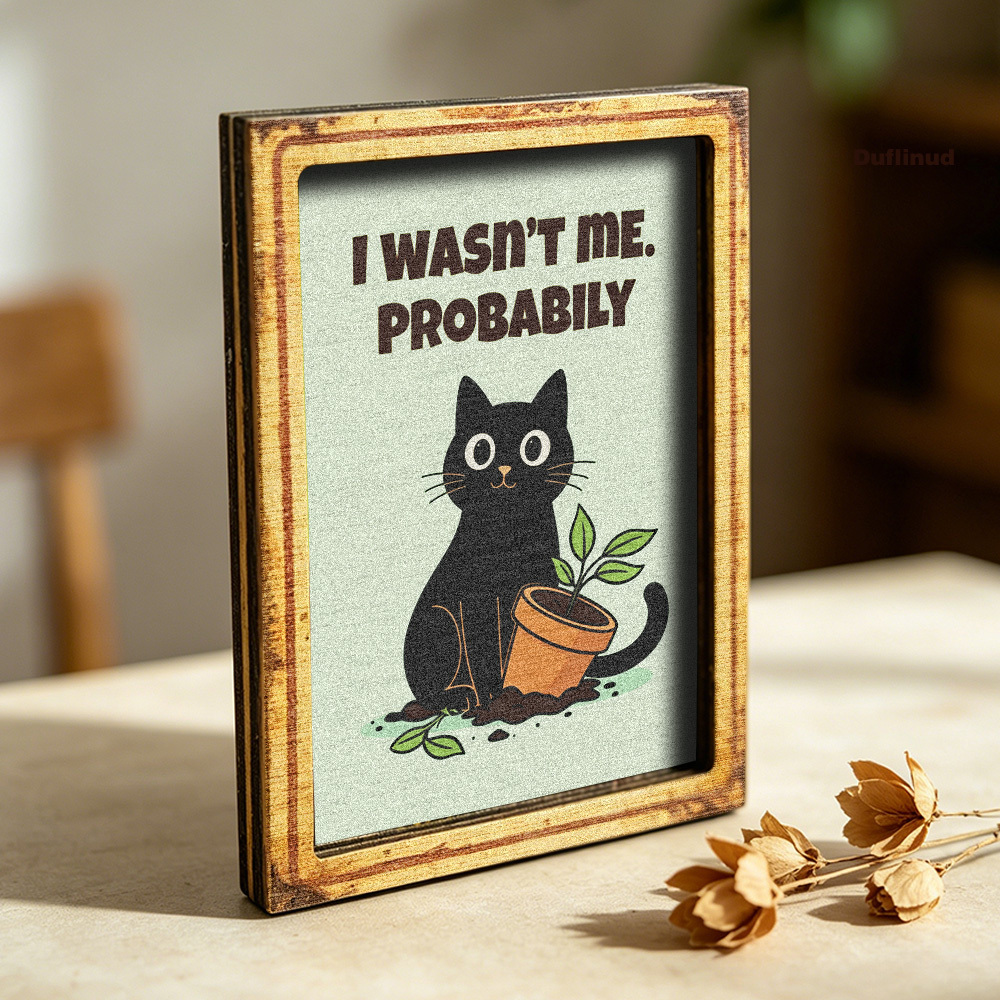 TEMU Adorable Black Cat Wooden Refrigerator Magnet, Mini Decorative Plaque, Whimsical Design, Black Cat And Flowerpot Pattern, Background, Suitable