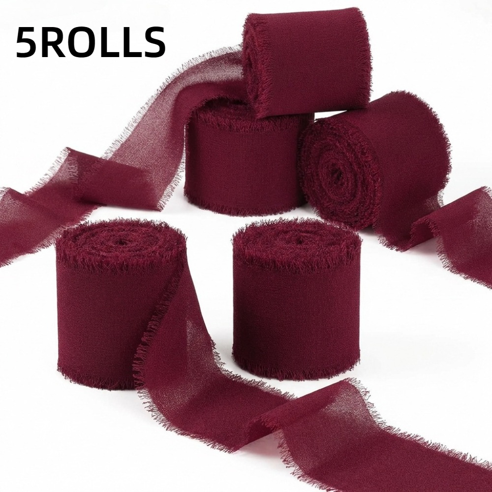 TEMU 5 Rolls Burgundy Hand-made Chiffon Satin Ribbon With Tassels, 3.99cm X 5.0m Total Length 24.69m, Satin Ribbon, Suitable For Wedding Invitations,