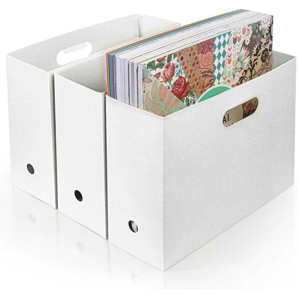 

Set Of 3 White Plastic Storage Boxes For Paper, Foldable 12x12 Folders, Suitable For Crafts.