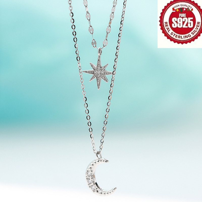 Women's S925 Sterling Silver Starry Moon Double Layered Pendant Necklace