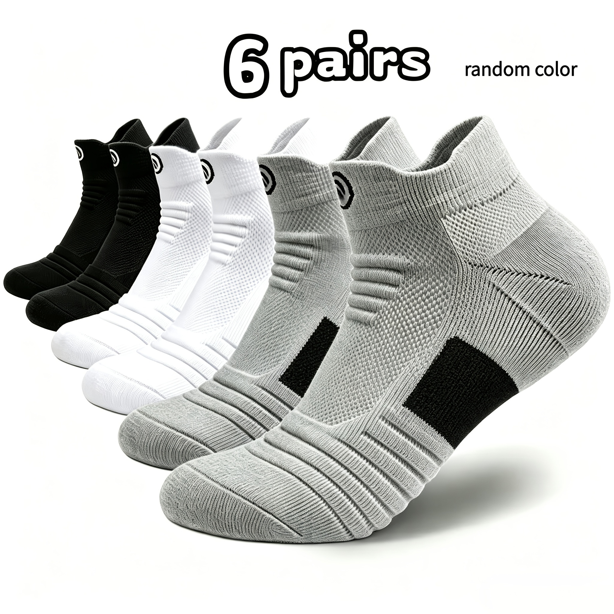 TEMU 6-pair Random Color Men's Spring Summer Autumn White Gray , Breathable Running, Anti-wear Arch Support Low-cut Athletic Short Socks