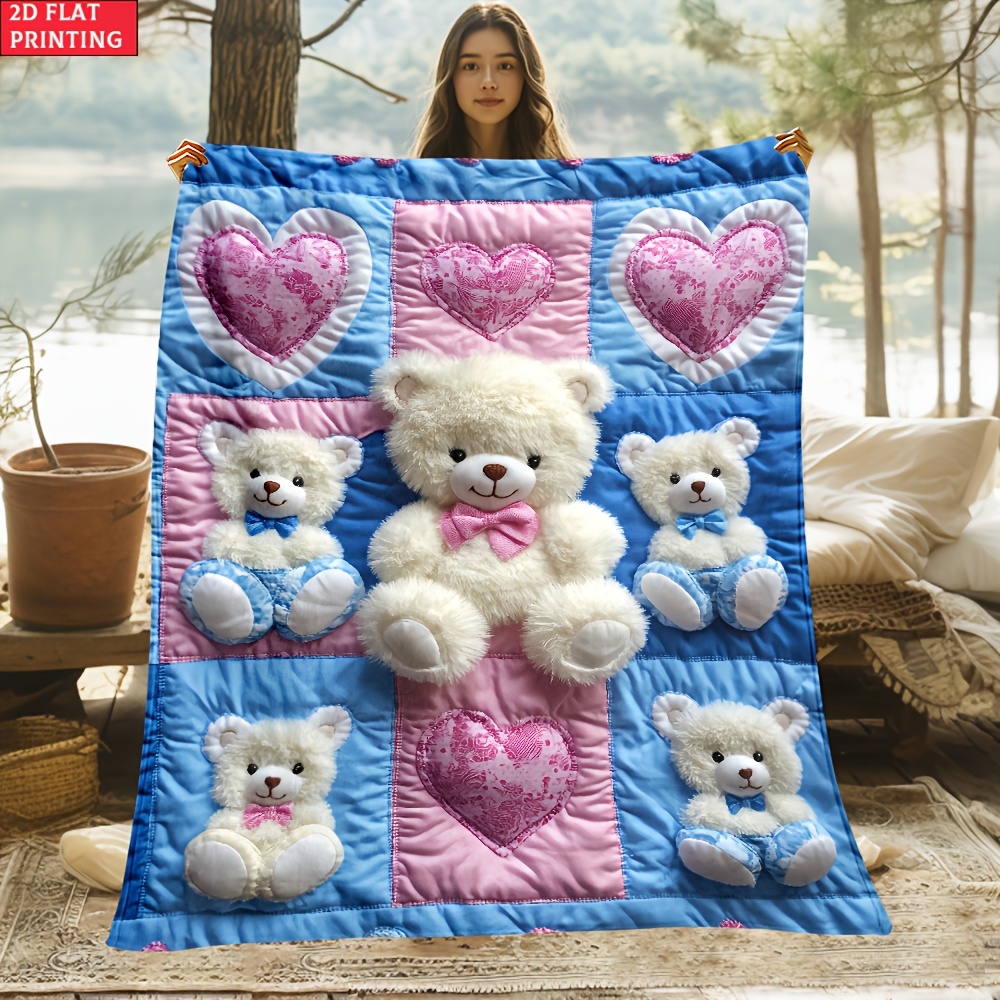 TEMU 2d 1pc Pink Bear Heart Portable Blanket - Lightweight Home Accessory, Suitable For Travel And Camping, Living Room, Office, Sofa, Chair, And Bed