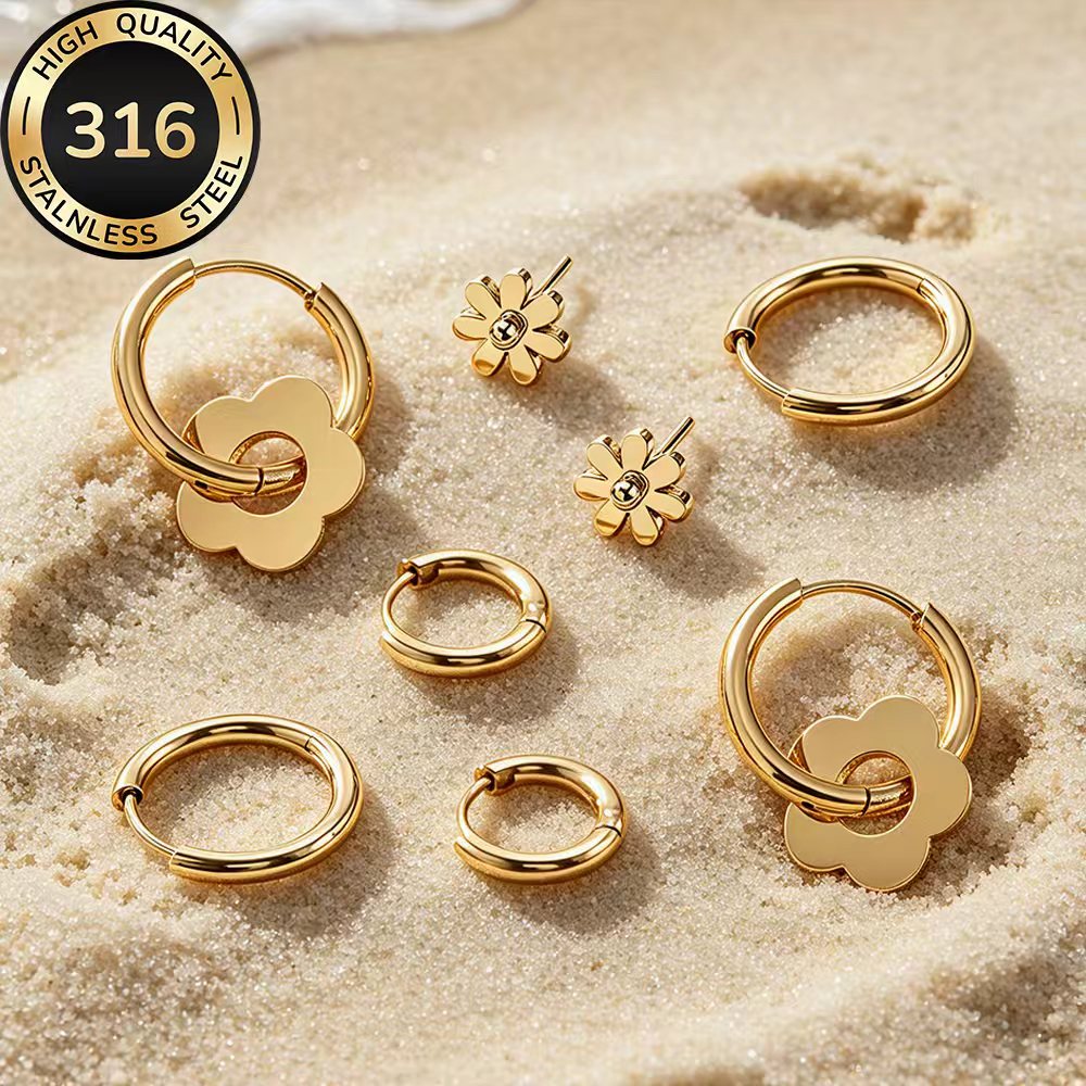 4 Pairs High-Quality 316 Stainless Steel Golden Earrings Set