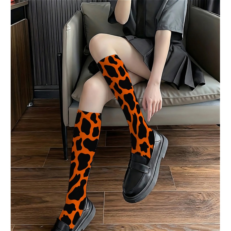 TEMU 1pair Women's Calf Socks Orange Print Fashion Dynamic Design Pattern Sexy Thin Street All-match Summer Calf Socks Jk Calf Socks High Tube Fairy