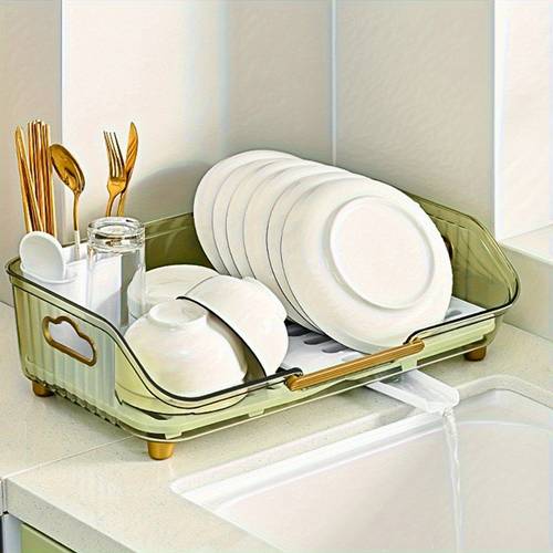 1pc escurridor de platos con asa y bandeja - diseño compacto que , soporte para utensilios incluido, construcción en plástico de limpiar e mover - uso sobre el lavabo o encimera ideal para cocinas pequeñas, apartamentos, rvs - organizador moderno & dorado para la