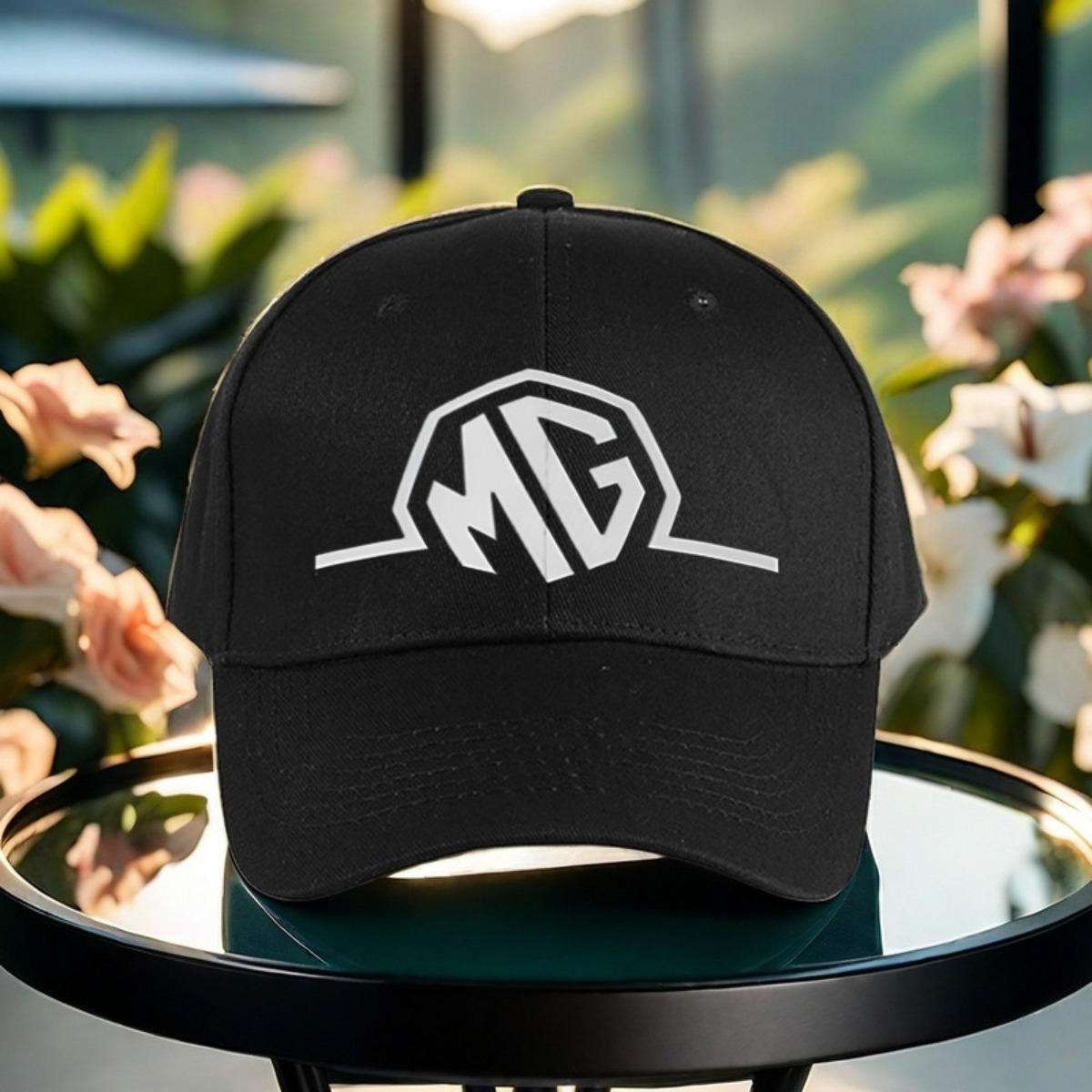 TEMU 2025 New Adjustable Golf Peaked Cap For - Stylish Black Baseball Hat With Trendy "for Mg" Print, Lightweight Polyester, Outdoor Sports, Casual