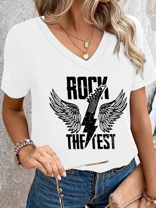 poza articolului tricou de damă stil rock cu decolteu în v și mânecă scurtă cu imprimeu chitară înaripată - chitară înaripată și potrivit pentru - top casual, bluză cu elasticitate medie, tricou rebrandabil pentru iubitorii de muzică, esențial de garderobă care poate fi spălat la mașină
