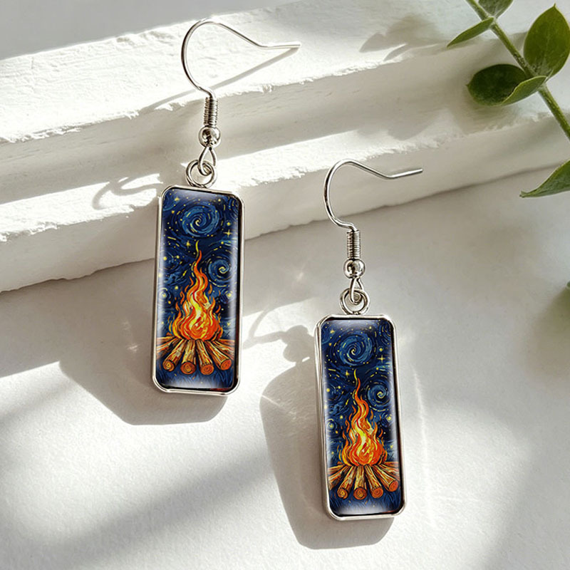 Van Gogh Starry Night Campfire Stainless Steel Drop Earrings