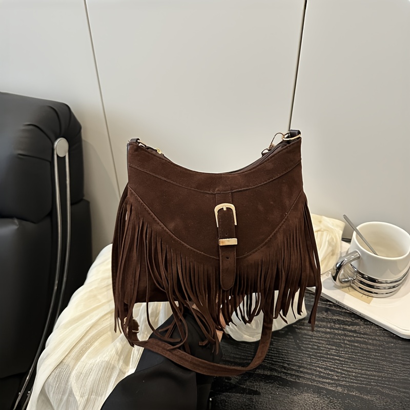 TEMU Women's Style Tassel Retro Crossbody Bag- Metal Additions, Zipper Closure, Soft Suede Material, Adjustable Shoulder Bohemian Style Tassel
