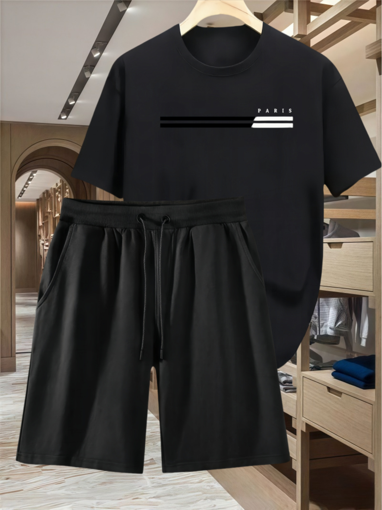 Two-Piece Casual Sports Set Featuring a Loose-Fitting Round-Neck Digital Print T-Shirt And Drawstring Shorts, Suitable for Both Men And Women, Perfect for Summer Beach Activities.