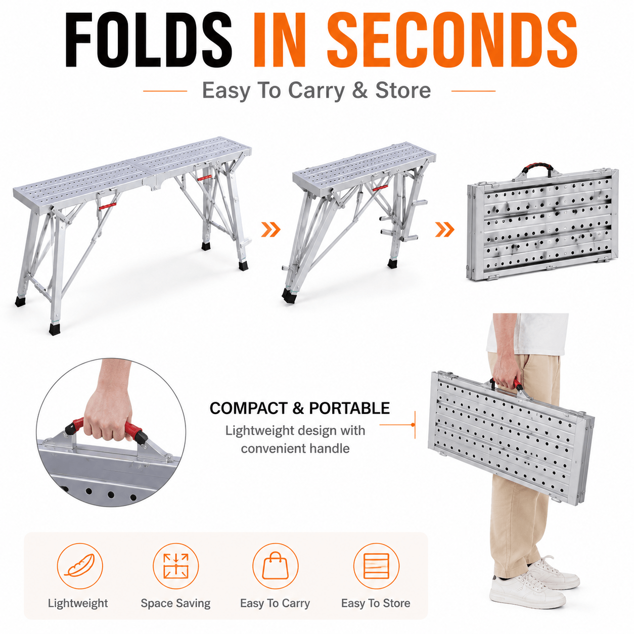 120x30cm Foldable Metal Work Platform With Adjustable Legs, 200kg , Triangular Stable Scaffold Bench With Non-slip Feet For Painting Windows, Car Washing
