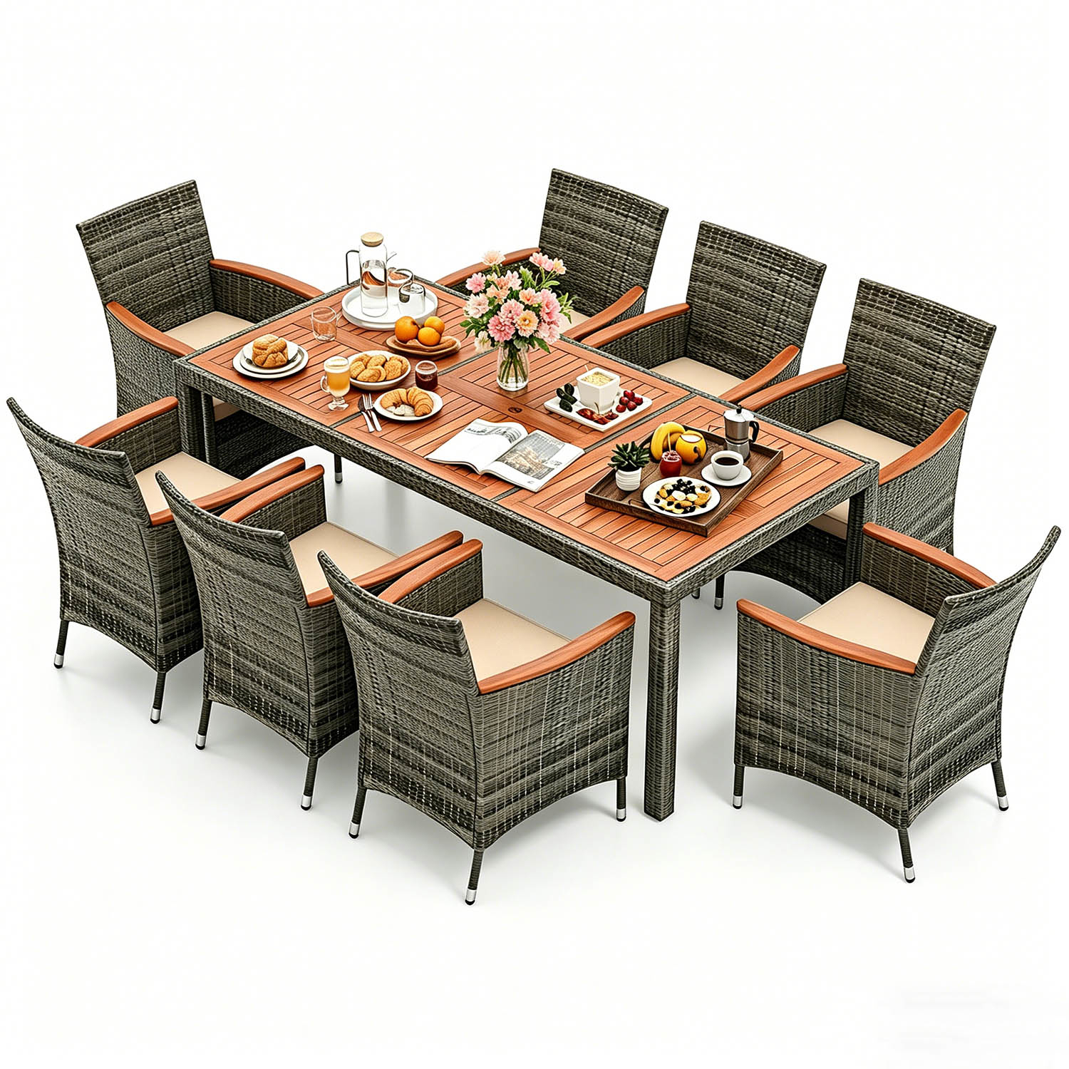 Image of Outdoor Patio Dining Set For 8 People, 9pcs. With 5cm Umbrella Hole, Dining Group With 8 Dining Chairs With Armrests, Soft Seating Cushions, Rattan Furniture For Terrace And Balcony